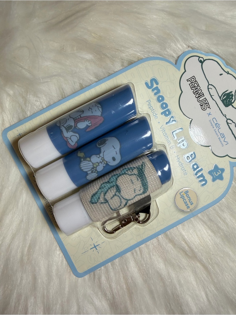 Peanuts Blue Snoopy Lip Balm 3-Pack with Snoopy Keychain Pouch